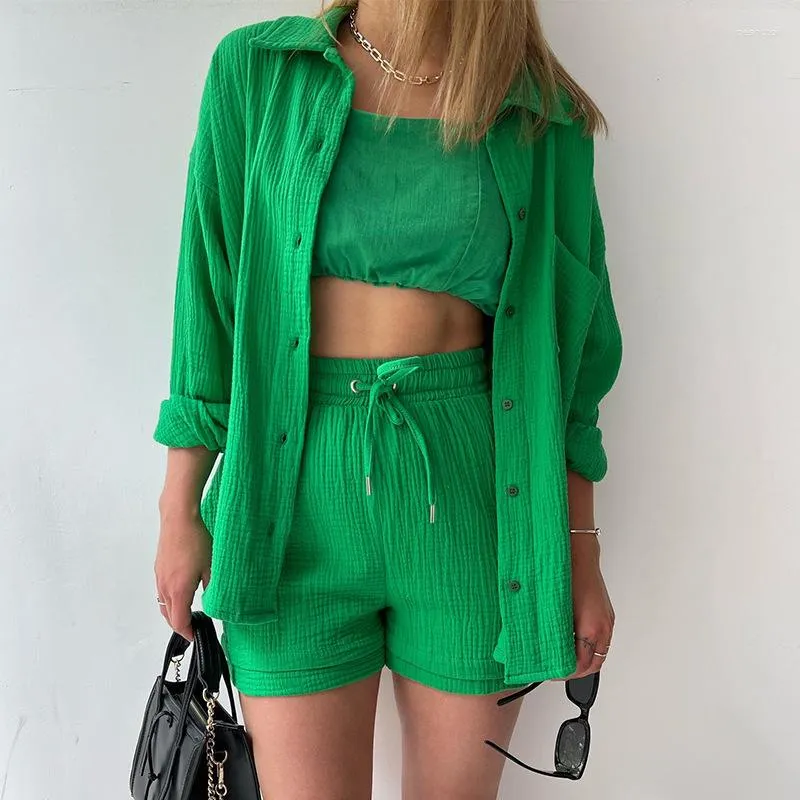 Chándales de dos piezas para mujer, camisa de manga larga con cuello arrugado verde para primavera/verano, pantalones cortos con cordón de cintura alta, conjunto de 2 informales a la moda