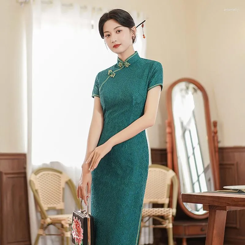 Ethnic Clothing Green Lace Women Cheongsam Dress Vintage Plus Size Chinese Traditional Fashion Summer Dresses Casual Qipao M To 4XL