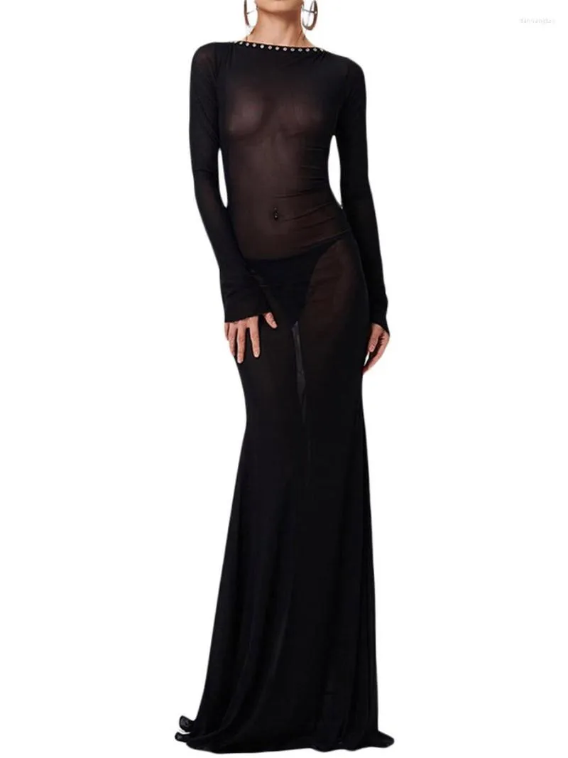 Casual Dresses Women Long Bodycon Dress Solid Color Seating Mesh Sheer Sleeve Cross Tie-up Backless Evening Party