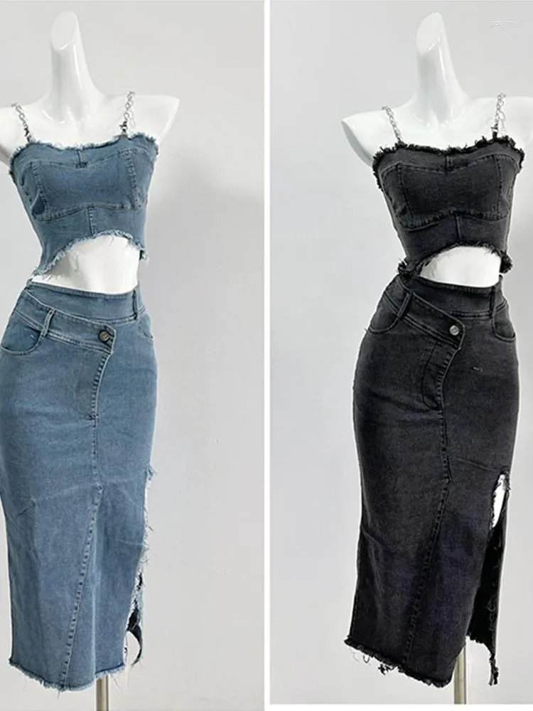 Vestidos de trabalho Verão Feminino Roupas Denim 2 Peças Cenografia Y2k Streetwear Camisola Crop Tops Midi Ripped Jean Saias Gyaru Moda Coreana