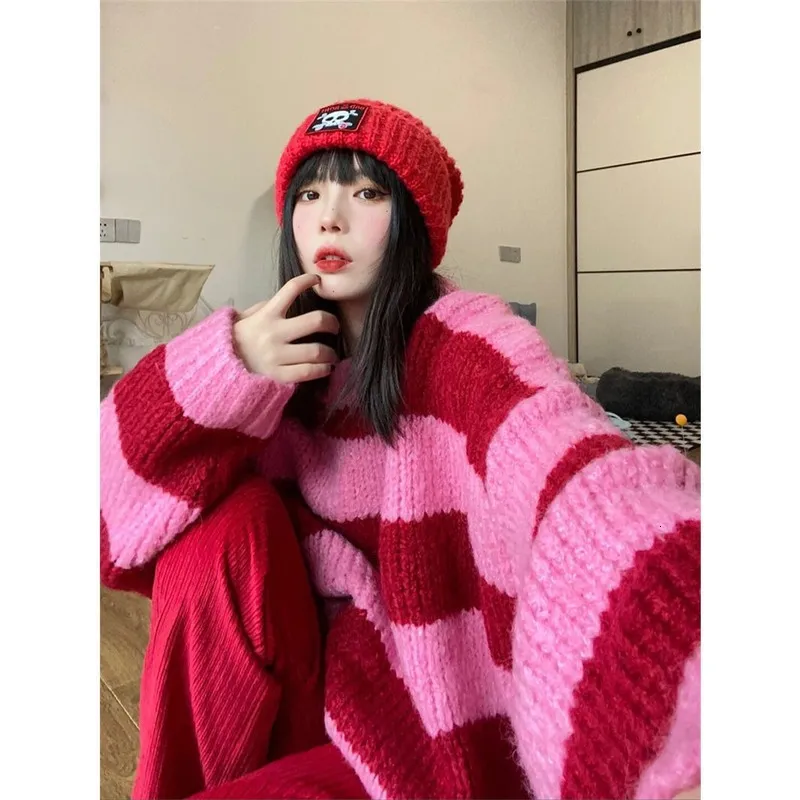 Maglioni da donna Deeptown Y2K Maglione rosa oversize a righe stile coreano Donna Punk Streetwear Maglione hip-hop Harajuku Donna Top rosso inverno 230807