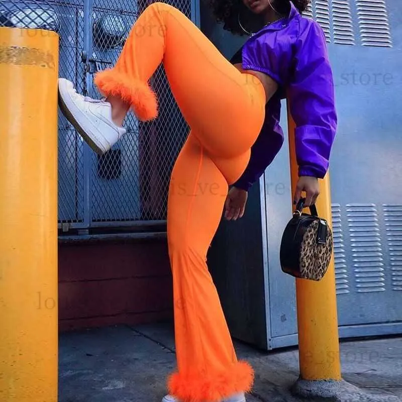 Mesh Capris Sexy New Mesh Pantalon Taille Haute Slim Perspective Orange Fluffy Flare Pantalon Vacances Streetwear Pantn Femmes Pantalon T230808