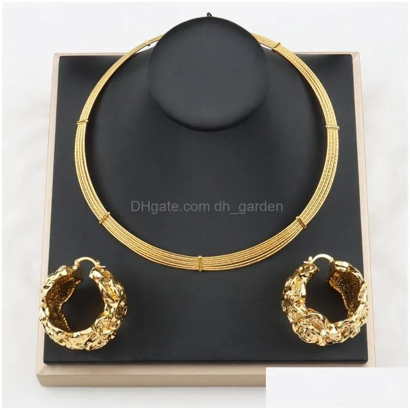 Earrings Necklace Set For Women And Copper Geometric Round Pendant Brazilian Gold Party Gifts Drop Delivery Jewelry Sets Dhgarden Dh6Pz