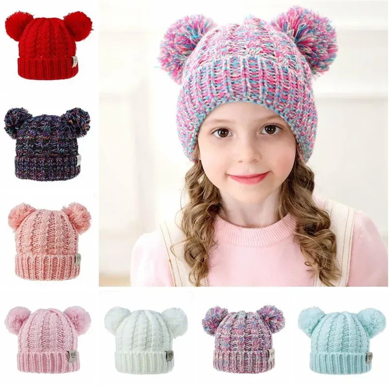 Free DHL UPS 13 Cores Kids Unisex Knit Crochet Caps Gorros Hat MOK Girls Soft Double Balls Winter Warm Outdoor Baby Pompom SkiZZ