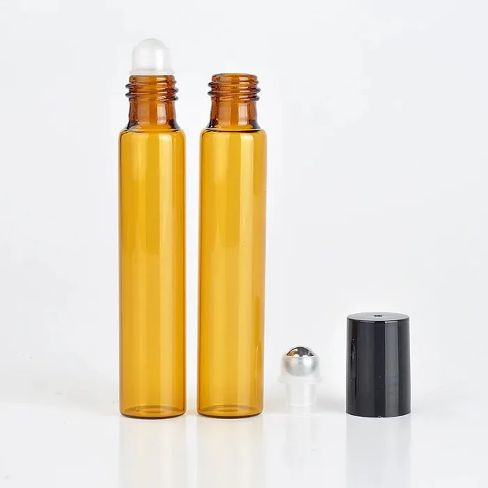 Perfume bottles Refillable Amber 10ml ROLL ON fragrance GLASS BOTTLES  OIL Bottle Steel Metal Roller ball b702