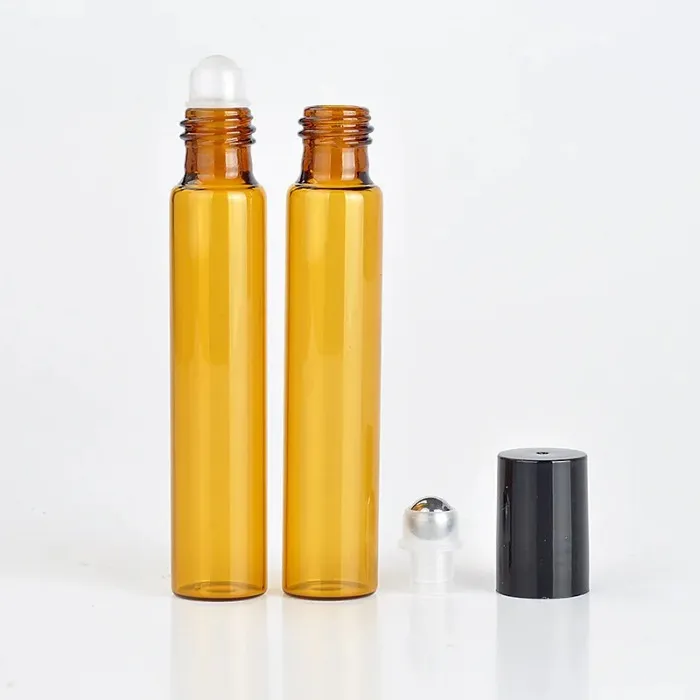 Perfume bottles Refillable Amber 10ml ROLL ON fragrance GLASS BOTTLES ESSENTIAL OIL Bottle Steel Metal Roller ball b702