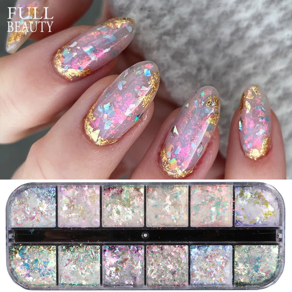 Glitter da unha 12 grades Iridescente Nails Aurora Crystal Fire Flakes Holográfico Sparkle Lantejous Charms Gel Manicure Flash Chjdp 230808