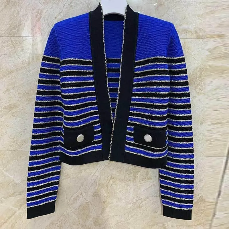 Femmes Tricots D'été Rayé Tricoté Cardigan Mode Piste Brillant Soie Armure Poches Pull Simple Casual Femmes Haut De Gamme Vêtements 2 Couleur