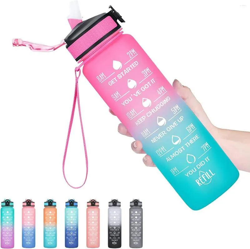 Water Bottles AJOYOUS 1000ML Bottle Straw Noozle Motivational With Time Marker Leakproof Sports Gym Camping Tour Kitchen