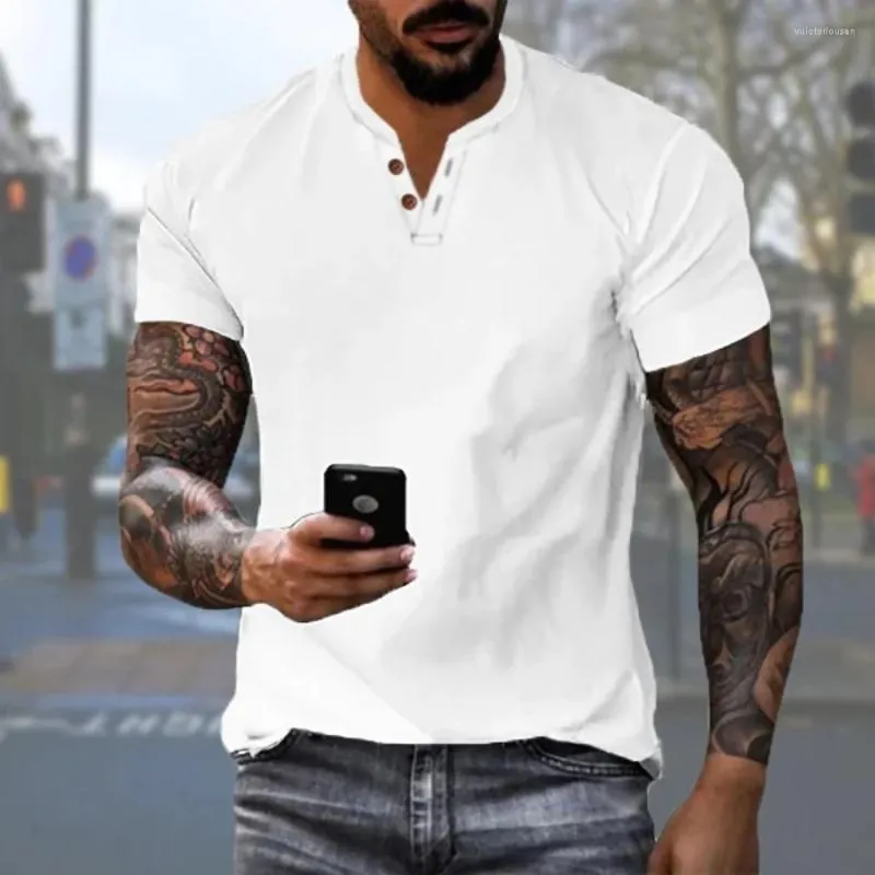 Erkekler Sıradan Gömlekler Nefes Alabilir Pamuk Keten Erkekler Siyah Beyaz Üstler Vintage Katı Düğmeler V Boyun Kısa Kollu Erkek Tişört