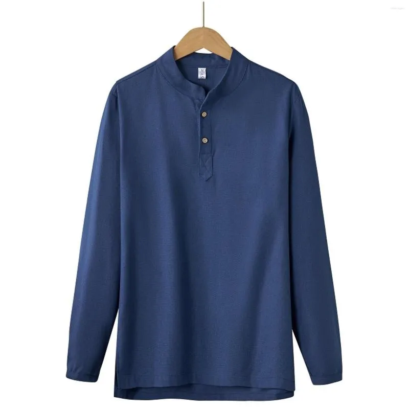 Men's Casual Shirts Long Sleeve Slim Fit T-Shirt Button Stand-Collar Henley Fashion Solid Color Daily Wear Male Clothes