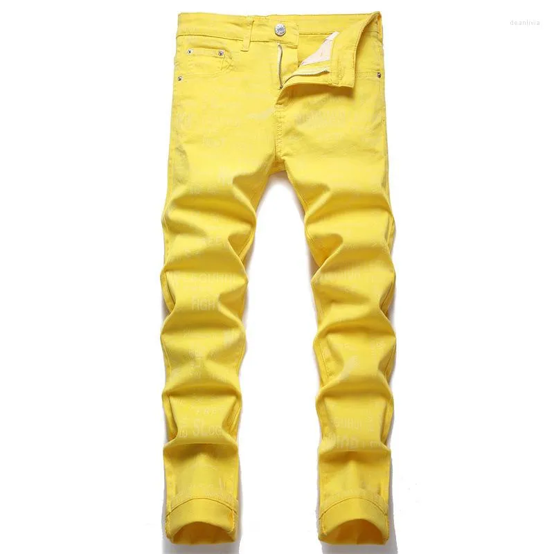 Jeans Masculino Amarelo Slim-Fit Stretch Para Homens Verão Casual Calças Skinny Estampadas Pantalones Para Hombre Vaqueros