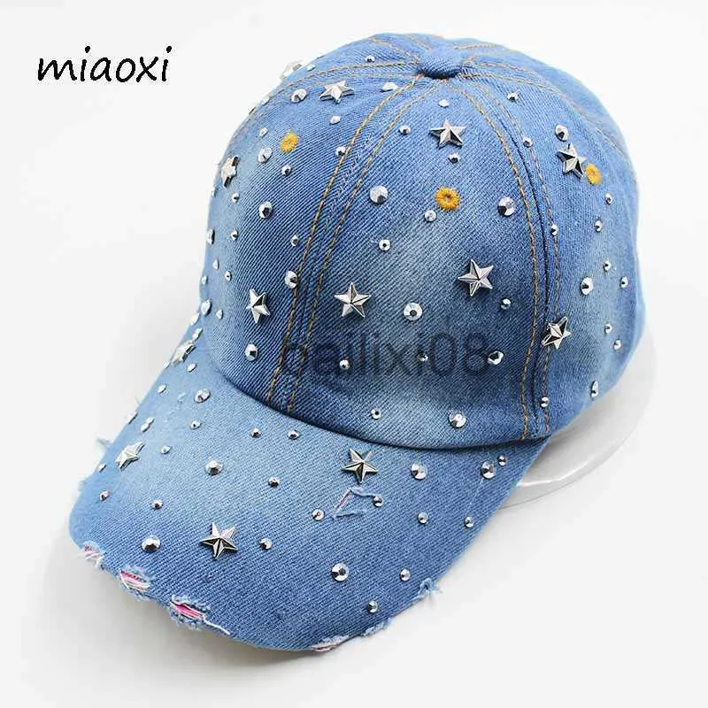 Boll Caps Miaoxi Ny högkvalitativ kvinnors hatt Cap Baseball Denim Rhinestone Caps Cotton Snapbk Women Män Vuxna Sun Hatts Justerbara J230807