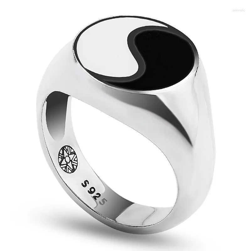 Cluster Ringe 925 Sterling Silber Tai Chi Yin Yang Ring Weiß Schwarz Emaille Persönlichkeit Balance Asiatische Vintage An Einem Finger Für Männer Frauen