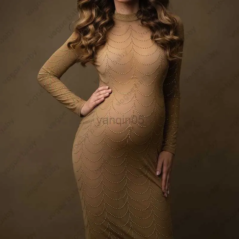 Annelik Elbiseleri Annelik Fotoğrafçılık Elbise Hamile Seksi Mesh See-Thenh-Through Matkap Elbise Hamilelik Fotoğraf Çekimleri Uzun Kollu Bebek Duş Elbisesi HKD230808