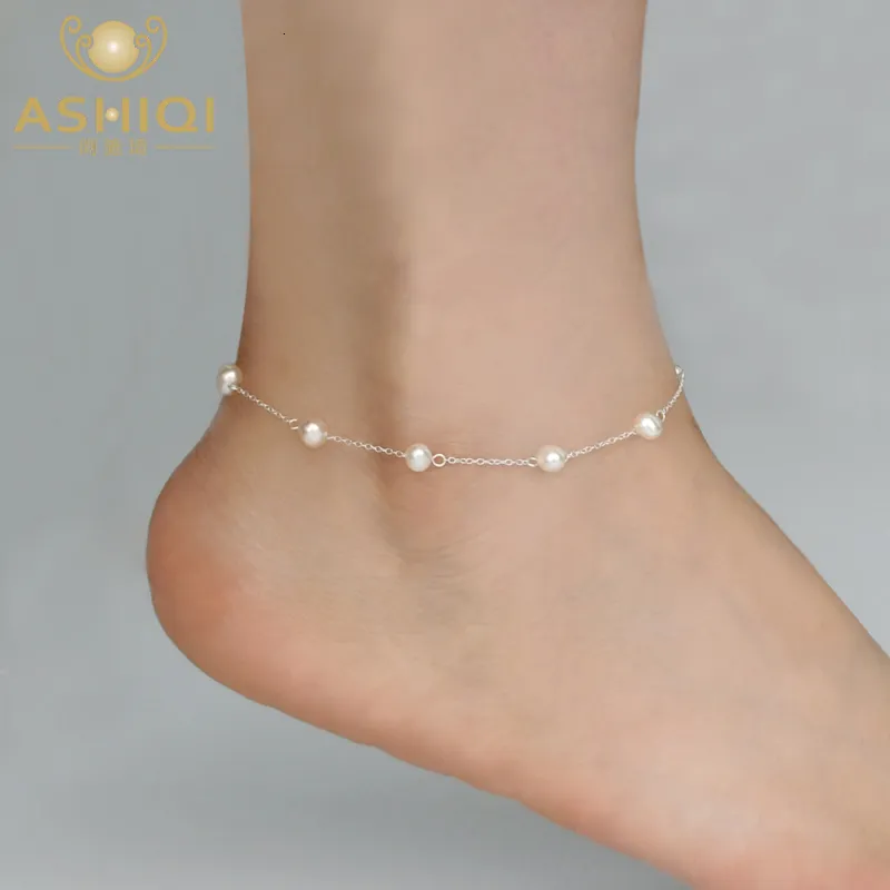 Anklets Ashiqi Natural Freshwater Pearl 925 Strerel -Srebrny Srebrny Fala Retro Buty Women 230808