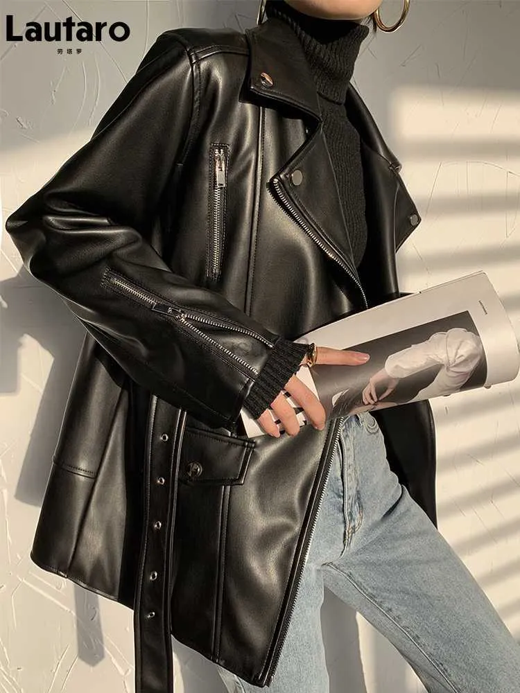 Women's Leather Faux Lautaro Black Biker Jacket Long Sleeve Zipper Belt Loose Luxury Korean Fashion 2022 Autumn Clothes Women Wholesale HKD230808