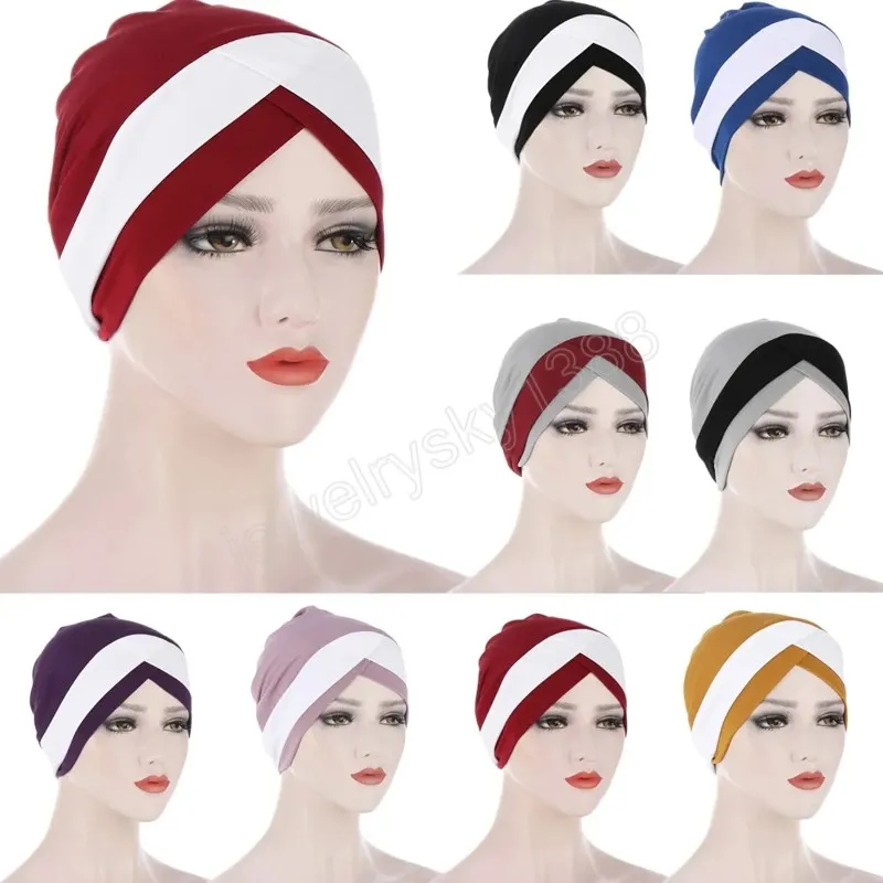 Front Croix Femmes Musulmanes Turban Stretch Intérieur Hijabs pour Chemo Caps Prêt À Porter Foulard Sous Bonnet Chapeau Arabe Chapeaux