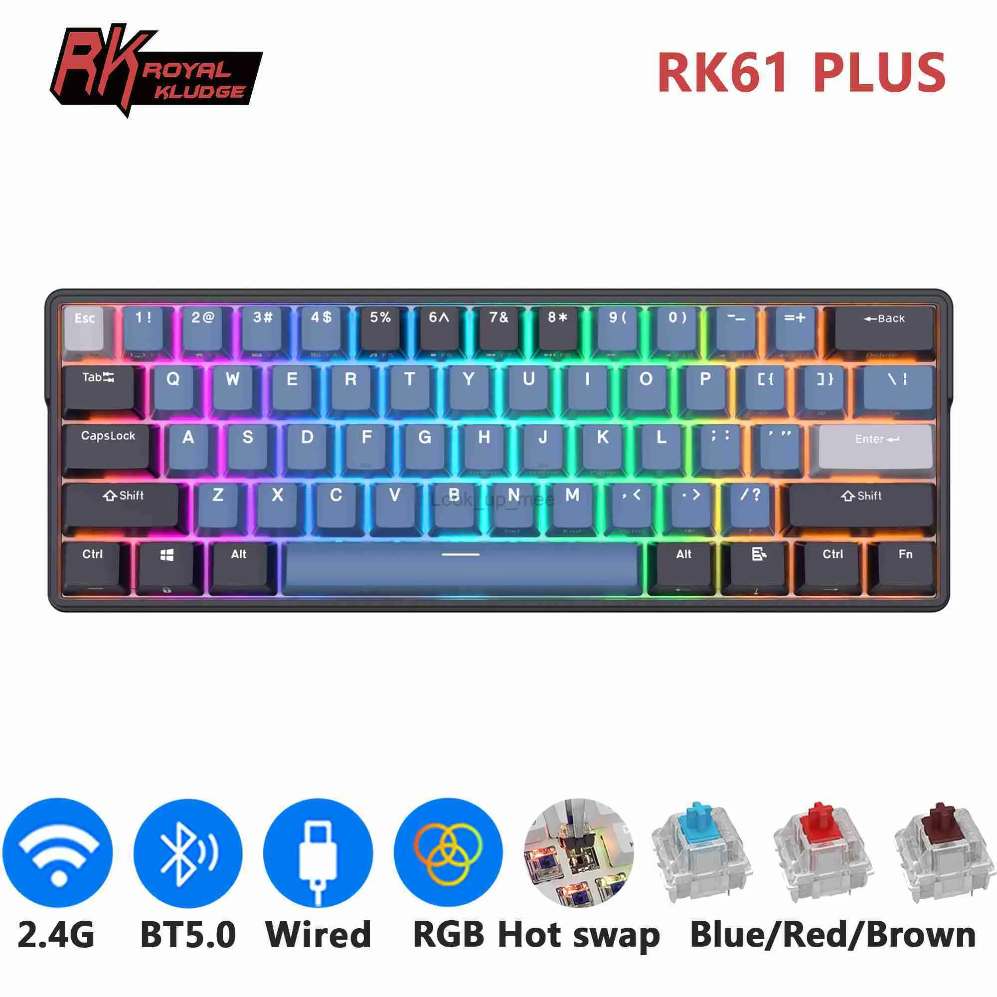 ROYAL KLUDGE RK61 Plus 2.4G Teclado mec nico inal mbrico Bluetooh 61 teclas 60 Compacto RGB Retroiluminado Teclados para juegos intercambiables en