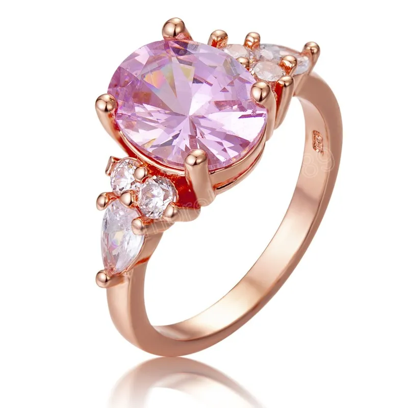 Elegante Roze Kristal Kubieke Zirkoon Vrouwen Ring Prinses Bruiloft Punk Band Rose Goud Kleur Vrouwelijke Vinger Ring Verlovingsfeest