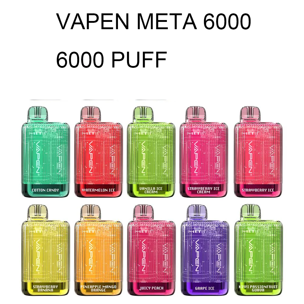 일회용 vape 정통 증기 메타 6000 퍼프 퍼프 일회용 E 담배 550mAh 배터리 사전 채워진 메쉬 코일 Vaporiezer 증기 0% 2% 5% 옵션 vape 펜