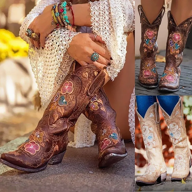 Fashion للسيدات 365 لـ Cowboy Boot Embroidery Woment Winter Cheel Heel Leather Boots Long Boots 230807 93735 S