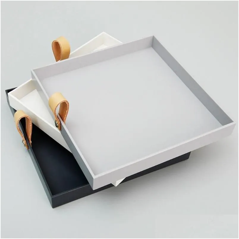 Dishes Plates 1Pc Creative Square Pu Leather Serving Tray Decorative Dish Cosmetics Sundries Desktop Storage Plate With Handle Dro Dh1Qz