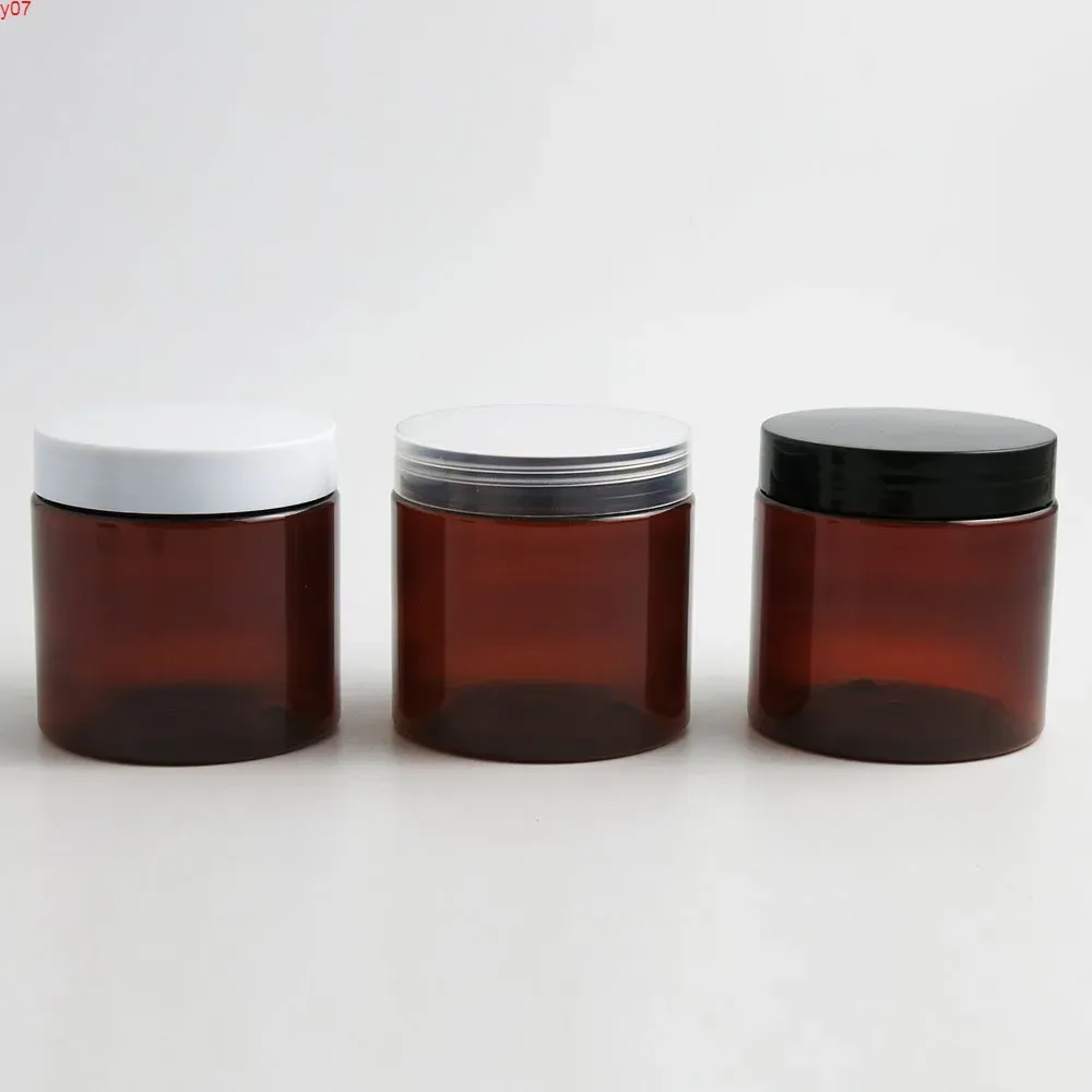 wholesale 30 x 200ML bouteilles d'emballage Amber Brown Empty PET Jars avec bouchon blanc clair noir Couvercles à vis en plastique 200G Big Cream Bottle LL