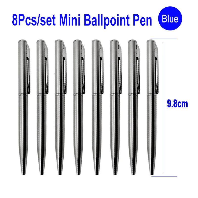 Conjunto de 8 pçs de canetas esferográficas mini clipe de metal 07 mm assinatura de escritório rotativa tamanho de bolso ponta esferográfica pequena óleo gel tinta azul 230807