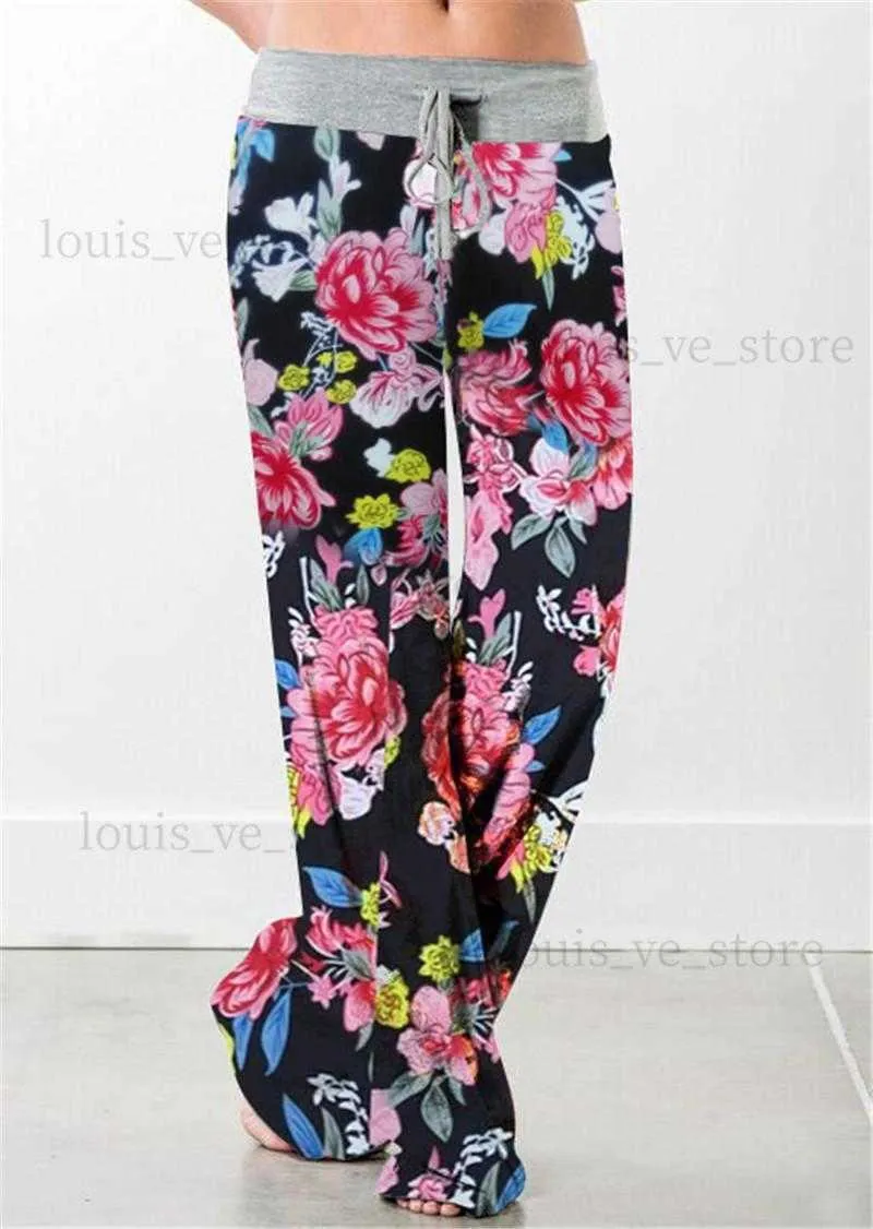 Kobiety kwiatowe spodnie swobodne luźne krawaty z szerokiej nogi w talii Długie spodnie Joggers T230808