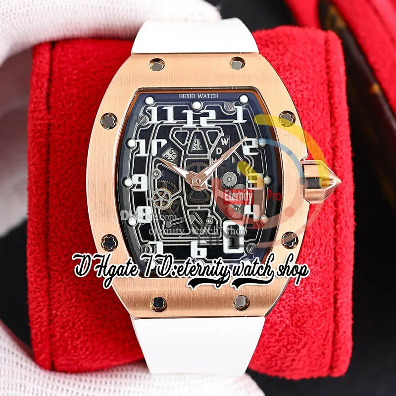 ZYF 67-01 Automatisk mekanisk herrklocka Rose Gold 316L rostfritt stål Case Skeleton Dial Number Markers White Rubber Strap Super Version Eternity Reloj Wates