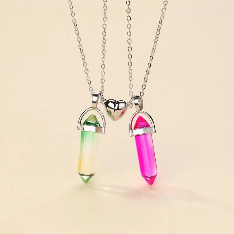Chains Lovecryst 2Pcs/set Natural Stone 2-color Heart-shaped Magnetic Friend Necklace For Kids Girls Fashion Friendship Gifts