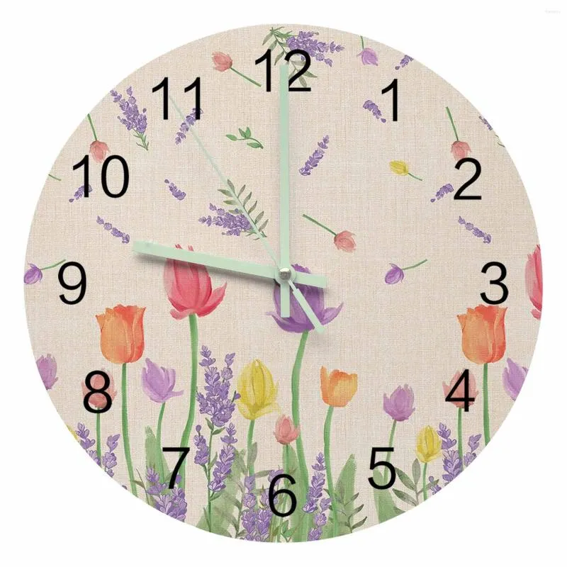 Orologi da parete Pianta Tulipano Lavanda Fiore Luminoso Puntatore Orologio Ornamenti per la casa Rotondo Silenzioso Soggiorno Camera da letto Arredamento per ufficio