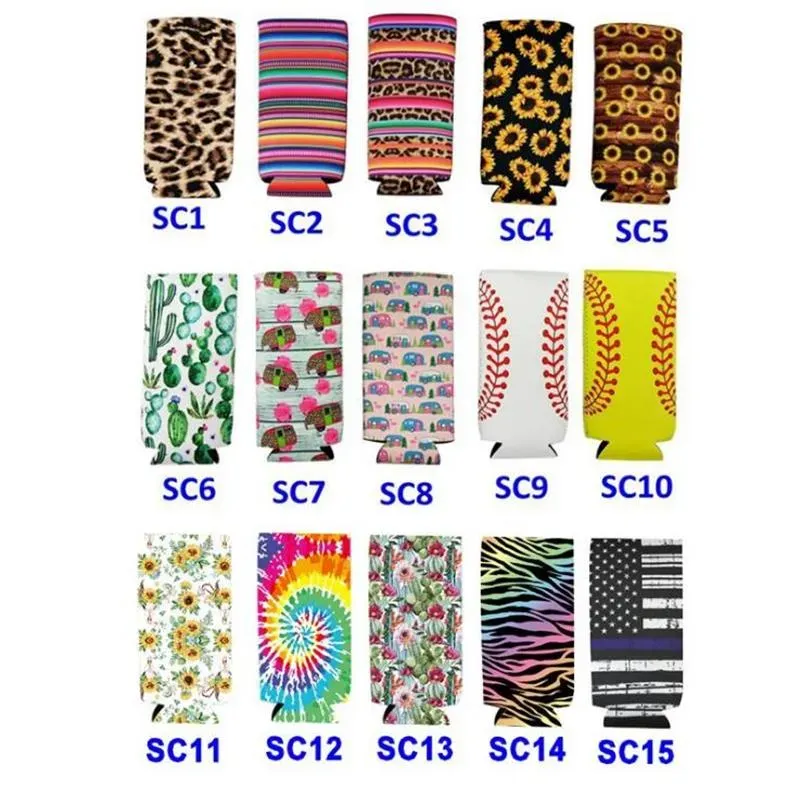 Slim Can Sleeve Sunflower Neoprene Insulator Cooler Baseball Can Holder Water Bottle Covers Bottle Case Pouch Leopard Flower 15 Styles