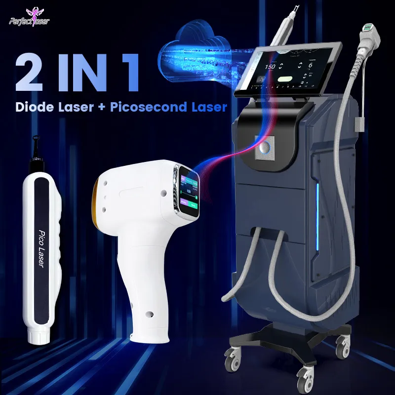 Diode Laser Pico Laser Equipment Lämplig för alla hud- och hårtyper 16 Språk 4500W Power Pigment Borttagning Skin Föryngring Big Spot Size 15*26mm Tattoo Borttagning