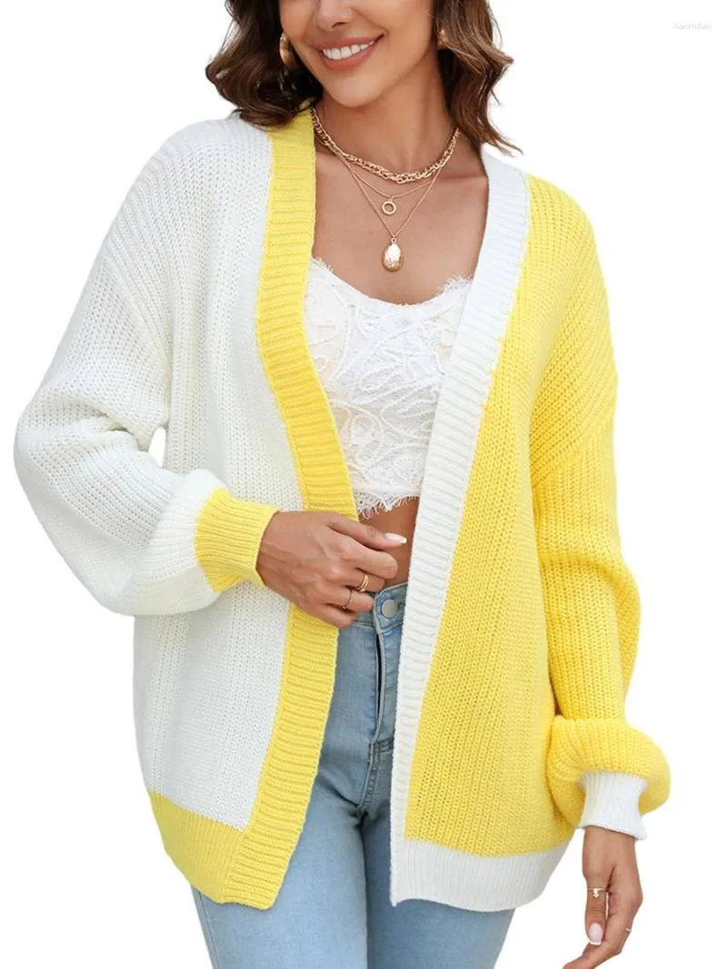 Women's Knits Women's Knit Cardigan Long Sleeve Open Front Contrast Color Fall Casual Jacket Sweater