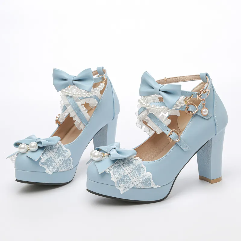 Zapatos de vestir con tiras cruzadas para mujer, zapatos de tacón alto Mary Jane para fiesta, boda, Cosplay, blanco, rosa, negro, lazo de fresa, princesa Lolita 230807