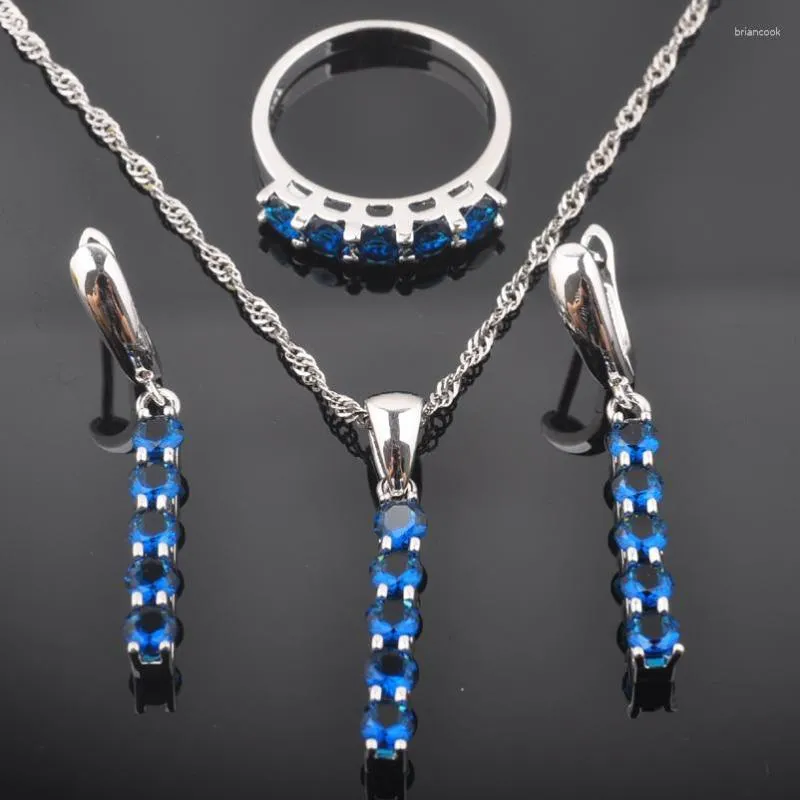 Halsbandörhängen Set Fahoyo 2023 Band Blue Zirconia Women's Silver Color Earrings/Pendant/Necklace/Rings QZ0405