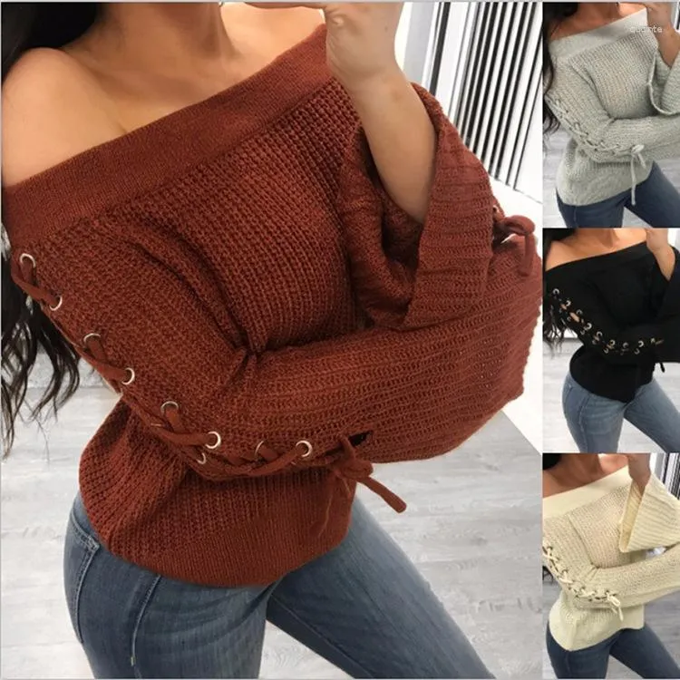 Women's Sweaters BKLD 2023 Winter Sexy Women Off Shoulder Long Sleeve Hollow Out Knitted Pullover Solid Casual Loose Flare Lace Up Sweater