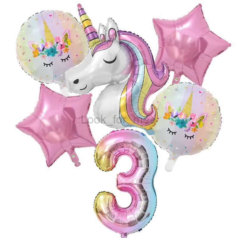 1SET Rainbow Unicorn Balloon 32 -дюймовый номер Фольги 1 -й Дети Unicorn Theme Diseor Disying Gute Party Deby Showos hkd230808