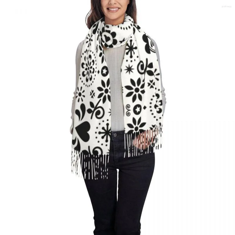 Scarves Sugar Skull Black And White Print Women Scarf Winter Shawl Wrap Bandana Tassel Female