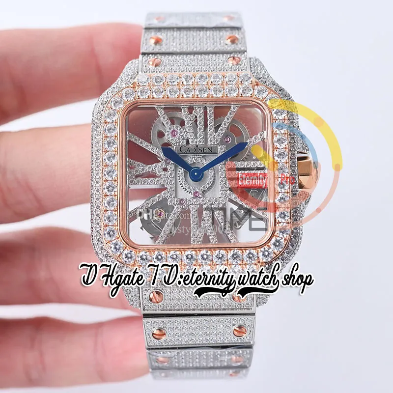 SF TWF0008 Swiss Ronda 4S20 Orologio da uomo al quarzo Completamente ghiacciato Grandi diamanti Lunetta in oro rosa Marcatori romani Quadrante con diamanti scheletro Bracciale in acciaio Orologi Super Edition