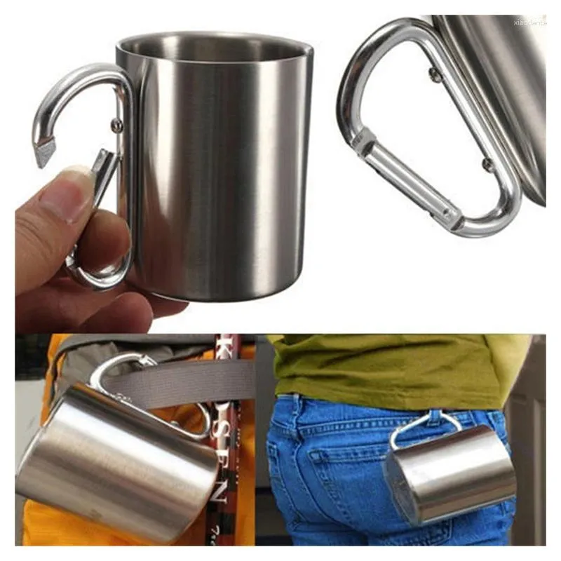 Muggar 220 ml utomhus camping mugg rostfritt stål kopp som reser med karabiner hantera kaffete köksredskap