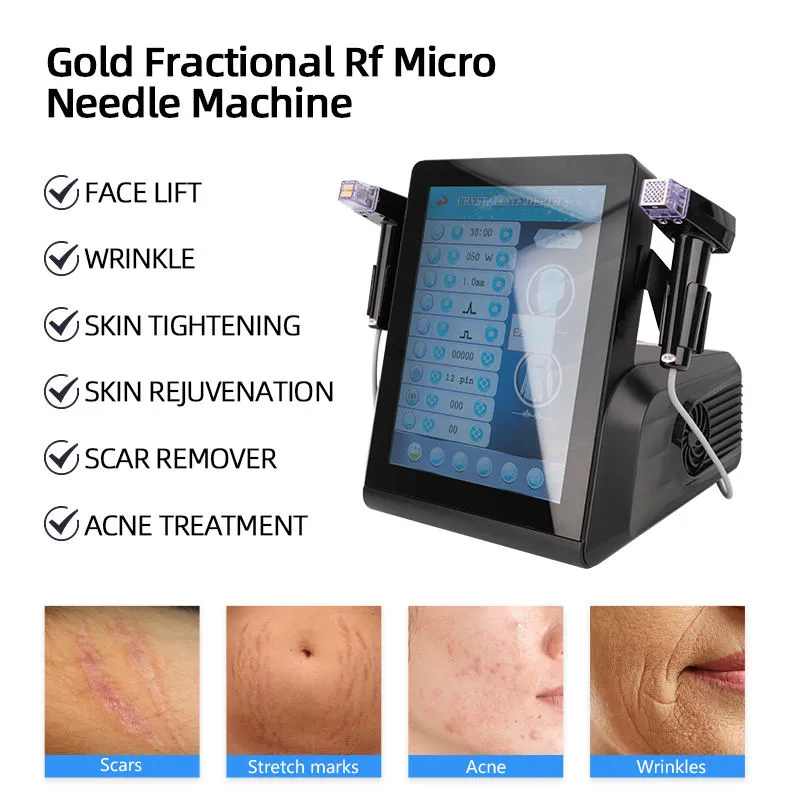 Equipo profesional de belleza para el estiramiento de la piel Micro aguja Máquina de microaguja RF fraccional dorada con cabeza de aguja nanocristalina 12P 24P 40P