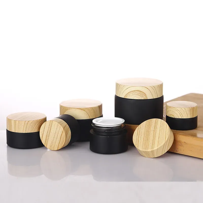 Black Frosted Packing Bottles Glass Jars Cosmetic Jar With Woodgrain Plastic Lids 5g 10g 15g 20g 30 50g Lip Balm Cream Containers