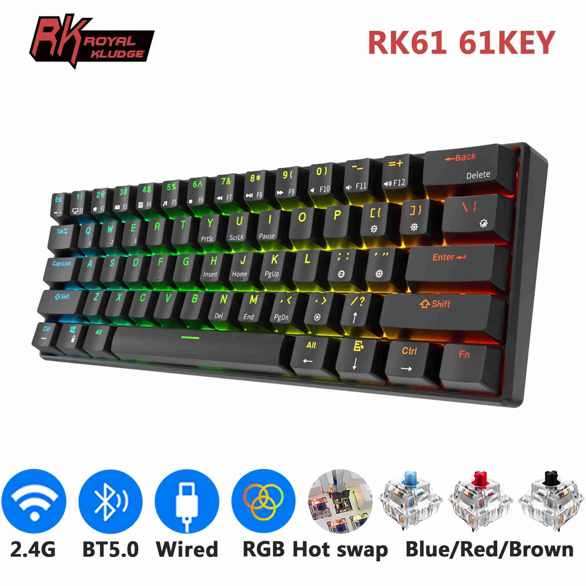 RK Royal Kludge RK61 TRI-Mod BT5.0/2.4G/USB Mekanik Klavye 60% 61 Anahtarlar RGB Sıcak Aşılabilen Bluetooth Kablosuz Gamer Klavye HKD230808