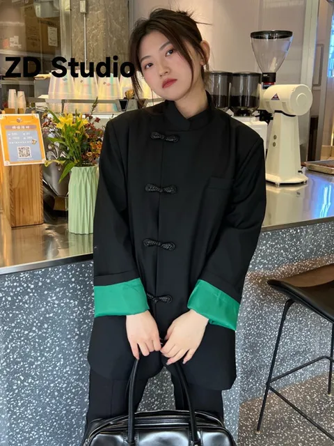 Женские костюмы Blazers zd Studio Women Black Colorblock Size Blazer Stand воротник с длинным рукавом рыхлой пиджак весна осень 2023 230807