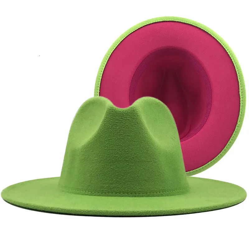 UNBRANDED Wide brim fedora felt two-tone lime green pink black hatband size OSFA Willheoy Wide Brim Fedora Hats for Women & Men Two Tone Felt  main image 2