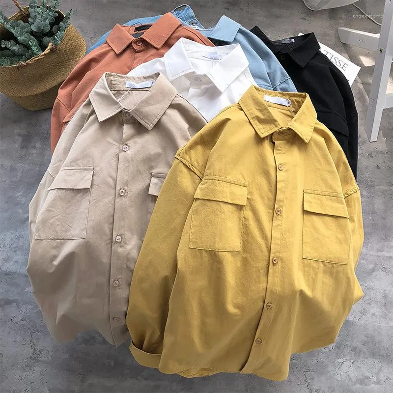 Mäns avslappnade skjortor 2023 Spring och Autumn Fashion Japanese Solid Color Worker Shirt Man Loose Simple Clothy Tandsome Long -Sleeve