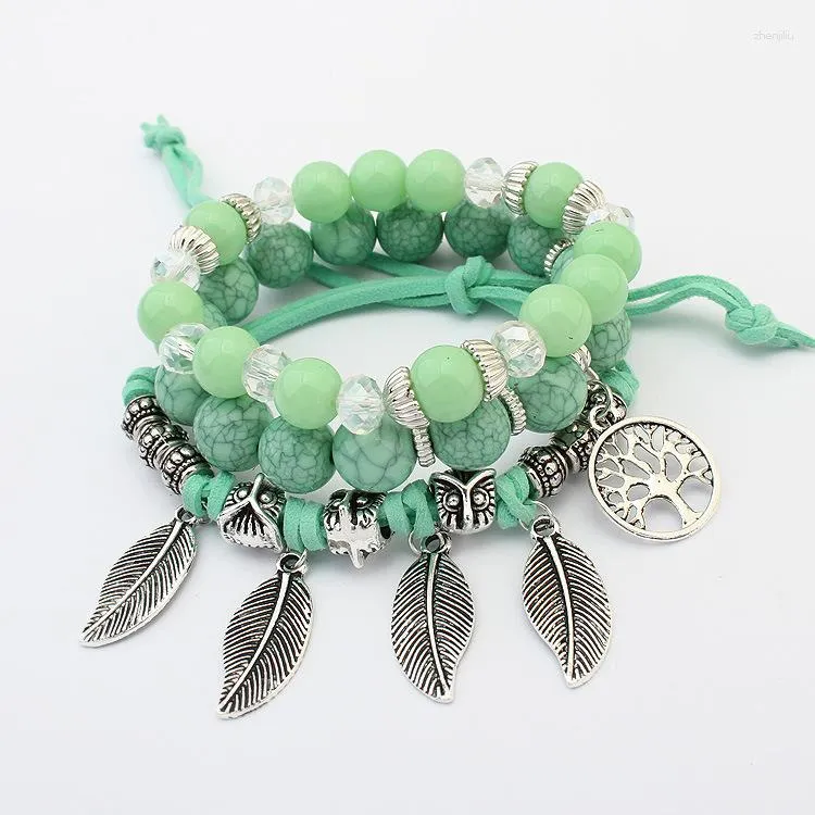 Strand 1pcs Fashion Vintage Ethnic Elasticity Marble Beads Bracelet 6 Colors Boho Statement Leaves Bangle Women Jewelry C-2649